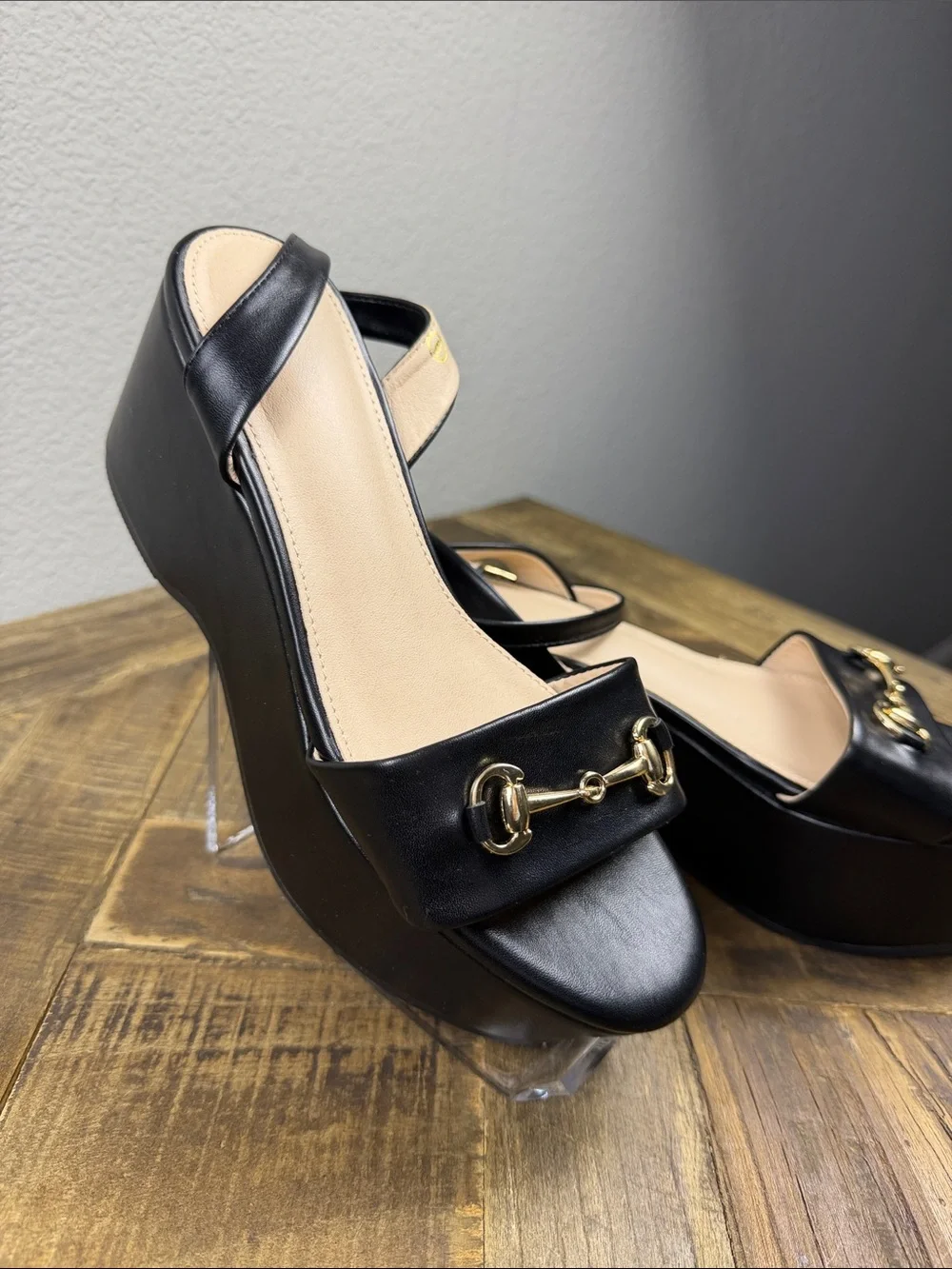 Size 6 ZBY Black Platform Sandals with Gold Bit Accent